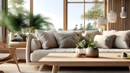 Scandinavian Inspired Living Room with Cozy Neutrals, Soft Lighting, and Lush Greenery for a Calming Atmosphere (79)