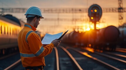 Obraz premium A railway maintenance site under a clear sky, an engineer reviewing technical documents while inspecting a train