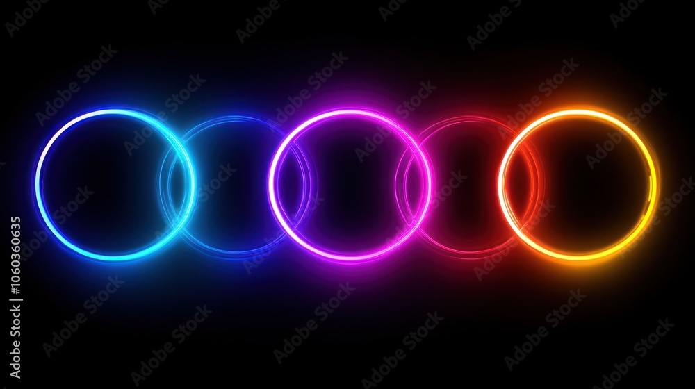 Poster a series of colorful neon circles on a black background, creating a vibrant visual effect.