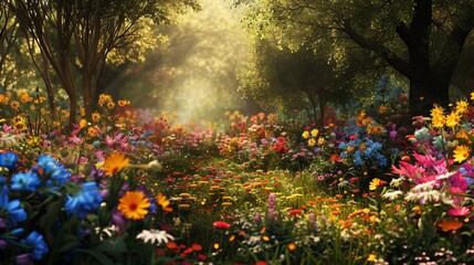 A vibrant field of wildflowers blooms beneath the sun-dappled trees.