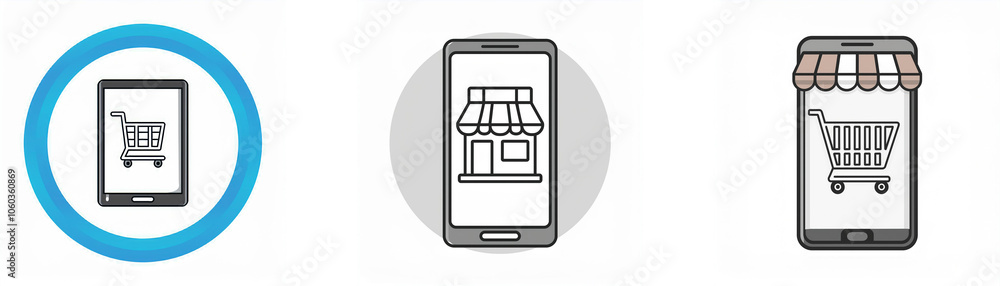 Aufkleber three different icons depict a smartphone with a shopping cart on the screen.