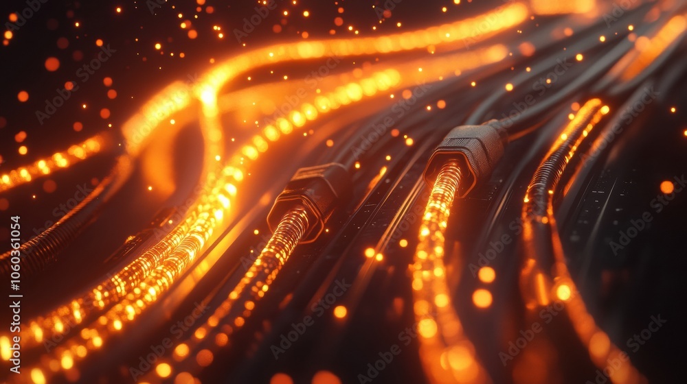Poster Glowing network cables intertwine with a router at the center, set against a dark backdrop, creating an abstract technology atmosphere. Generative AI