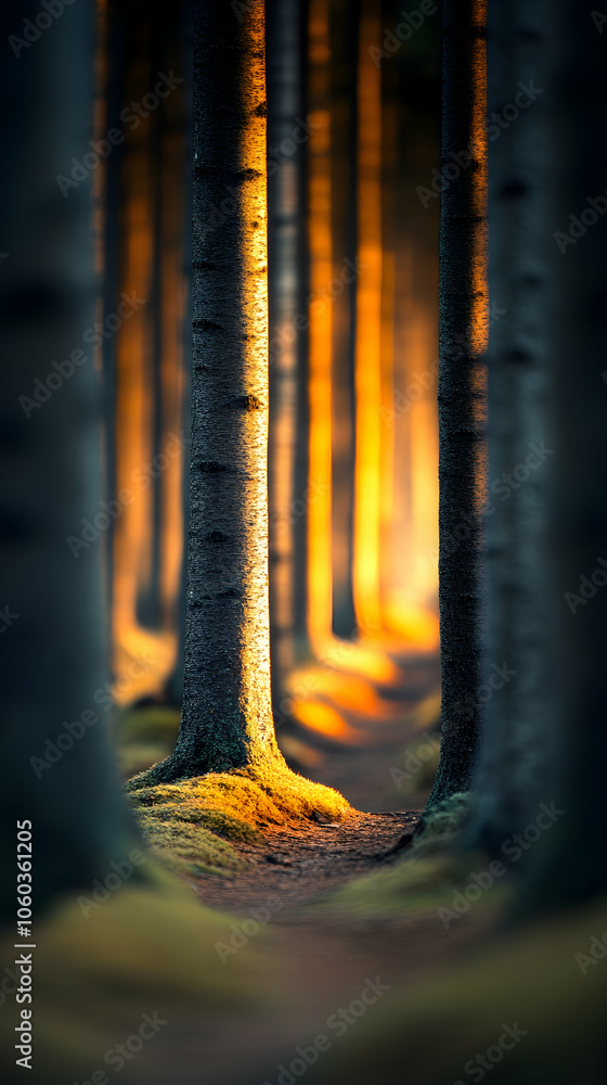 Poster sunlight illuminating a forest path through the trees.