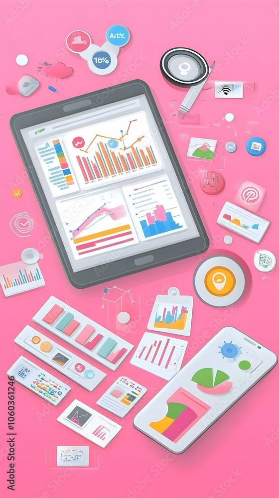 Poster tablet and smartphone displaying graphs and charts, surrounded by various business icons on a pink b