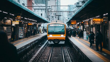 Fototapeta premium A local train arriving at a bustling railway station platform in Japan, passengers waiting and preparing to board, traditional Japanese architecture and signage visible in the background