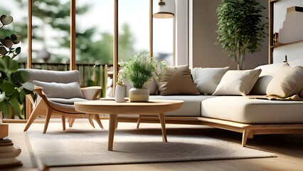 Obraz premium Scandinavian Inspired Living Room with Cozy Neutrals, Soft Lighting, and Lush Greenery for a Calming Atmosphere (94)