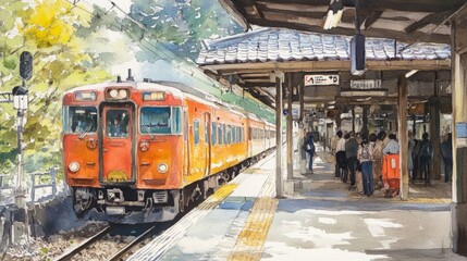 Obraz premium A local train arriving at a bustling railway station platform in Japan, passengers waiting and preparing to board, traditional Japanese architecture and signage visible in the background