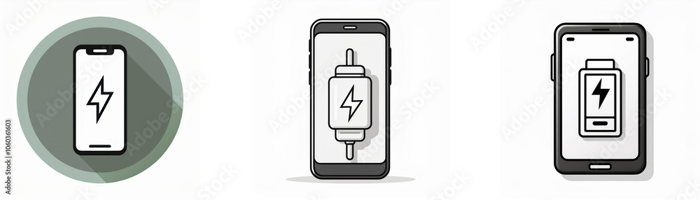Aufkleber three black and white images showing a smartphone with a battery and lightning bolt icon.