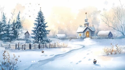 Winter landscape watercolor illustration, style of a children's book