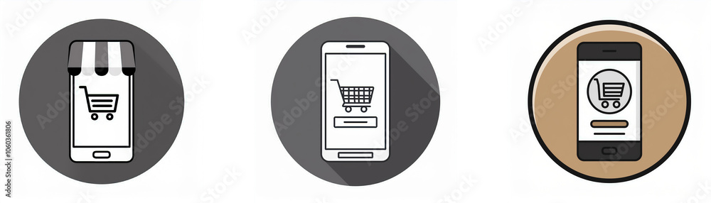 Leinwandbilder three round icons with shadowing depict a smartphone with a shopping cart icon.