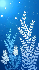 White silhouettes of plants on a blue background with a sun shining.