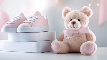 Adorable stacked pink and white baby shoes with plush bunny and teddy bear toys on a light gray background for children's fashion promotion