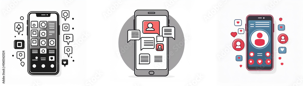 Poster Three depictions of a smartphone. One has multiple icons surrounding it. The second has a user interface with chat bubbles and icons. The third has a social media interface with hearts and profile ico