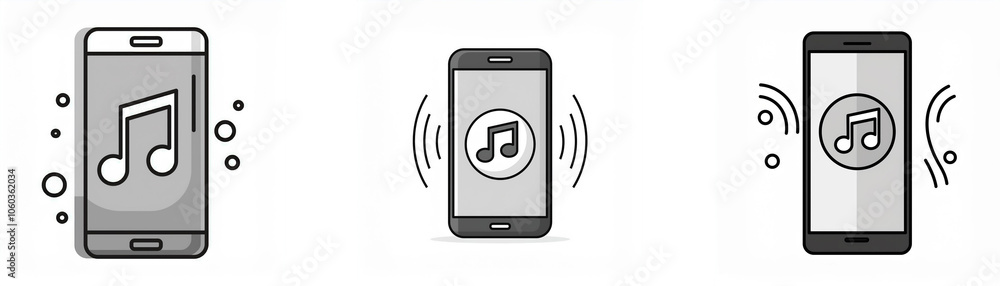 Leinwandbilder Three grayscale illustrations of a smartphone with a music note icon on the screen, one with no sound waves, one with sound waves on one side, and one with sound waves on both sides.
