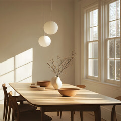Minimalist dining area with wooden table adorned with ceramic bowls and a simple vase, illuminated by natural light streaming through large windows, creating a serene atmosphere.