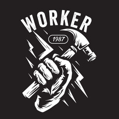Vintage illustration of a worker's hand logo holding a hammer