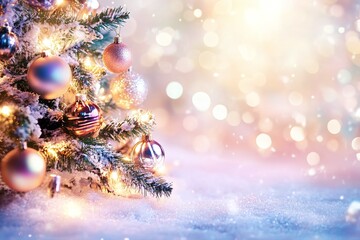 Obraz premium The Christmas tree sparkles with colorful ornaments and warm twinkling lights, creating a festive atmosphere in a snowy environment during the holiday season