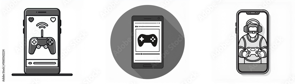 Aufkleber three smartphone screens displaying images related to mobile gaming.