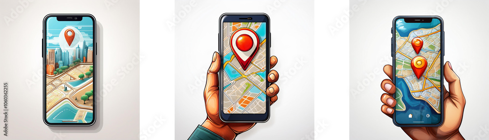Aufkleber three hands holding smartphones displaying maps with pins.