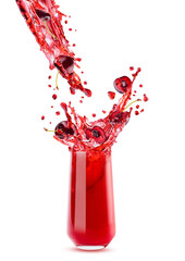 Flow of red cherry juice pour in drinking glass, levitated cherry pieces, splashes on white...