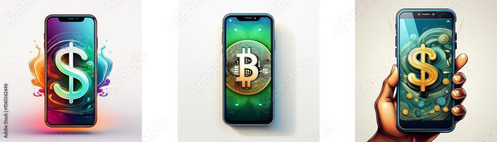 Poster Three smartphones, each with a different currency symbol displayed on the screen.