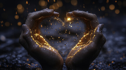 Close up of diverse hands forming heart shape with water droplets, radiating warmth