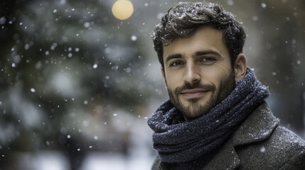 Confident man in tailored winter coat smiling in snow