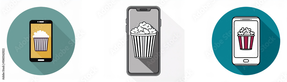 Fototapete Three smartphone icons with a long shadow, each displaying a different version of a popcorn bucket on the screen.
