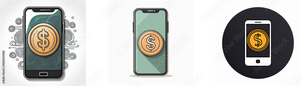 Poster three stylized smartphone illustrations, each displaying a gold coin with a dollar sign.