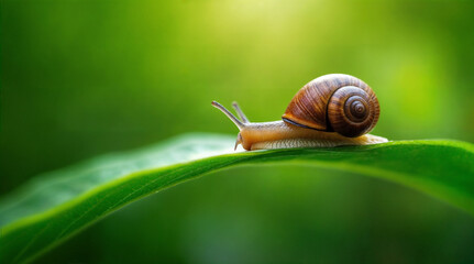 Close-up of a snail with a spiral shell crawling along a green leaf in a lush natural setting
