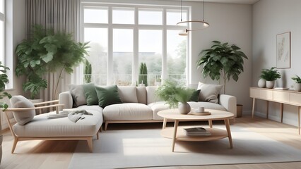 Fototapeta premium Modern Minimalist Living Space with Large Windows, Natural Light, and Earthy Decor Creating an Inviting Ambiance (4)
