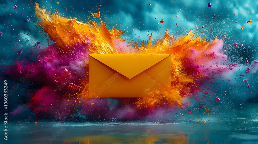 Poster abstract background with yellow envelope in colorful explosion