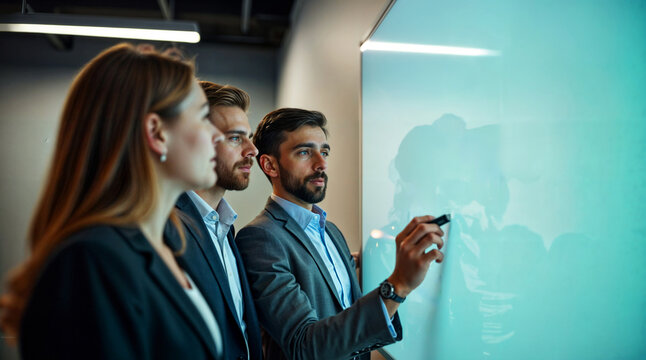 Professional business team strategizing and collaborating on a whiteboard in a modern office, focusing on growth, innovation, and planning during a corporate meeting