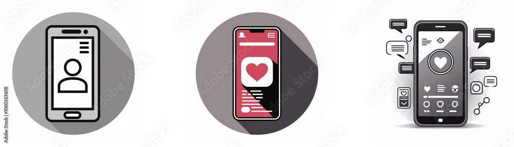 Poster three smartphone icons with different functions.
