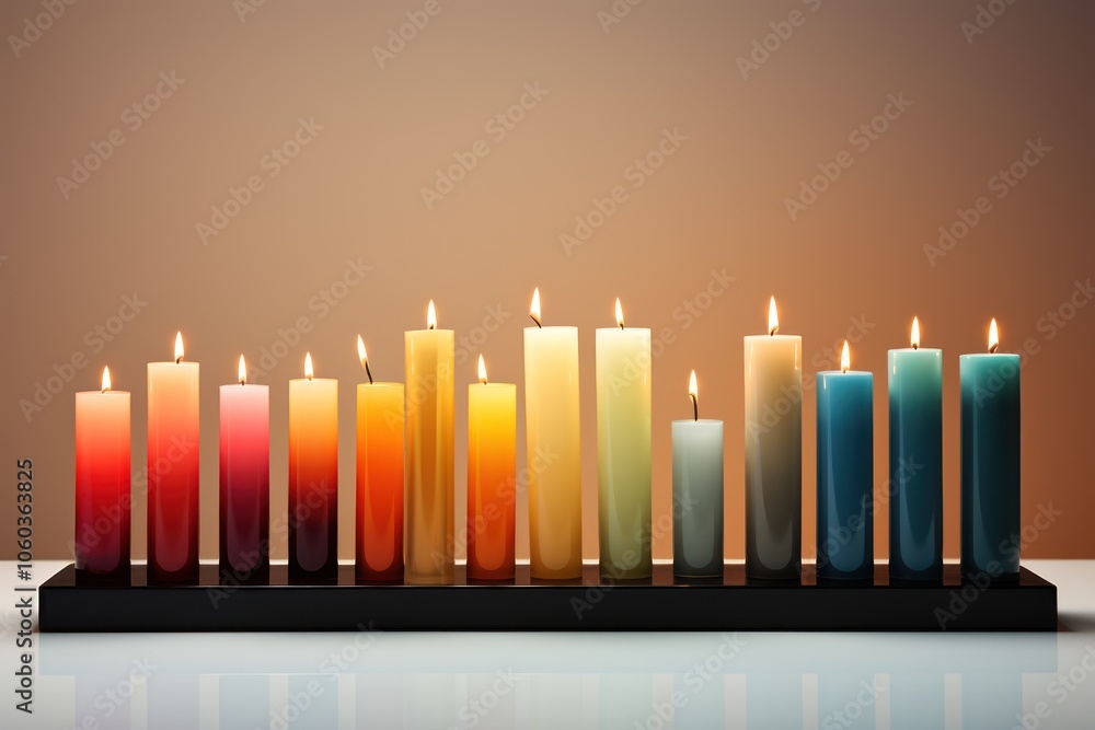 Poster a display of colorful candles arranged on a black base, creating a warm ambiance.