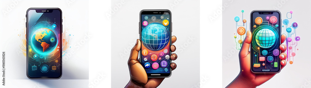 Poster three hands holding smartphones with a globe displayed on the screen, surrounded by abstract shapes.