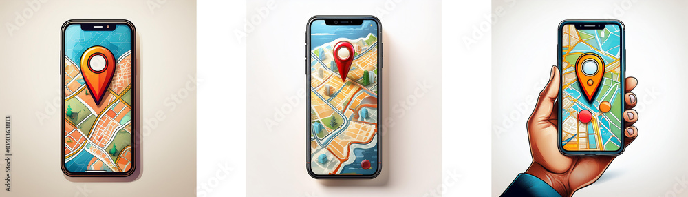 Leinwandbilder three smartphone screens displaying a map with a location pin in the center.
