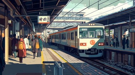 Fototapeta premium A detailed scene of a local train pulling into a railway station platform in Japan, with people in modern and traditional attire boarding and alighting