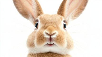 Fototapeta premium Cute rabbit with wide eyes and fluffy ears against a white background, AI