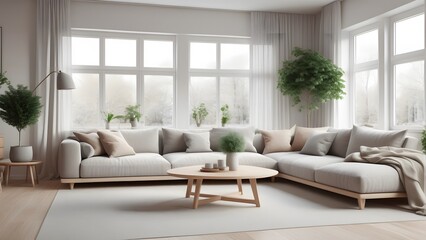 Fototapeta premium Modern Minimalist Living Space with Large Windows, Natural Light, and Earthy Decor Creating an Inviting Ambiance (20)