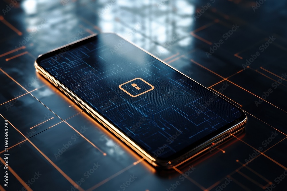 Poster A smartphone shows a lock icon on its screen, positioned on a high-tech surface with glowing patterns under soft lighting. Generative AI