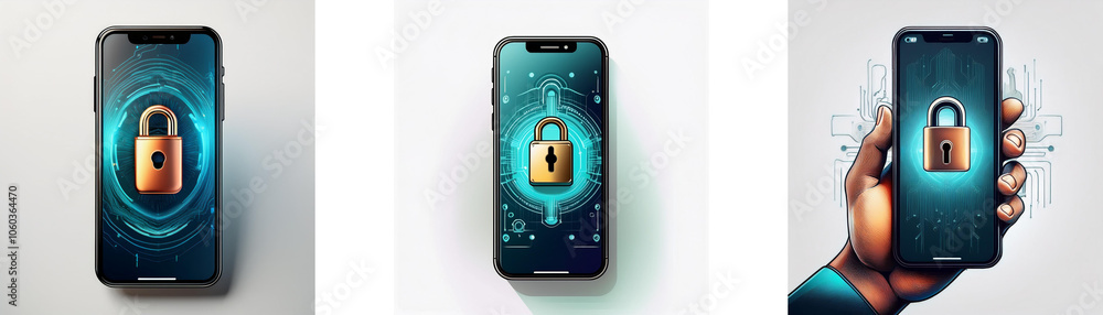 Aufkleber Three different angles of a modern smartphone displaying a padlock on the screen with a blue and green background.