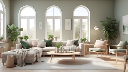 Fototapeta premium Modern Minimalist Living Space with Large Windows, Natural Light, and Earthy Decor Creating an Inviting Ambiance (26)