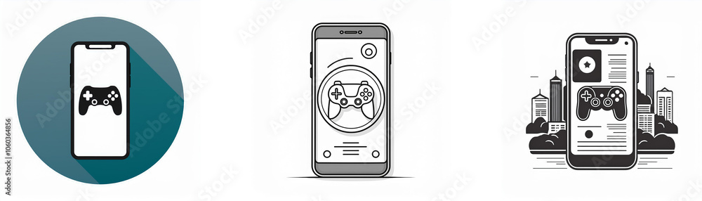 Poster three illustrations of a mobile phone showing a video game controller.
