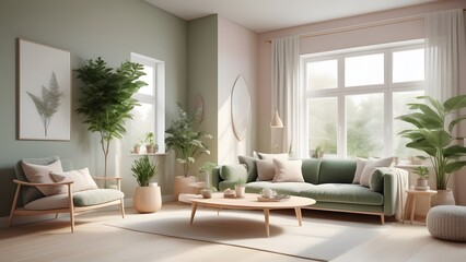 Fototapeta premium Modern Minimalist Living Space with Large Windows, Natural Light, and Earthy Decor Creating an Inviting Ambiance (32)