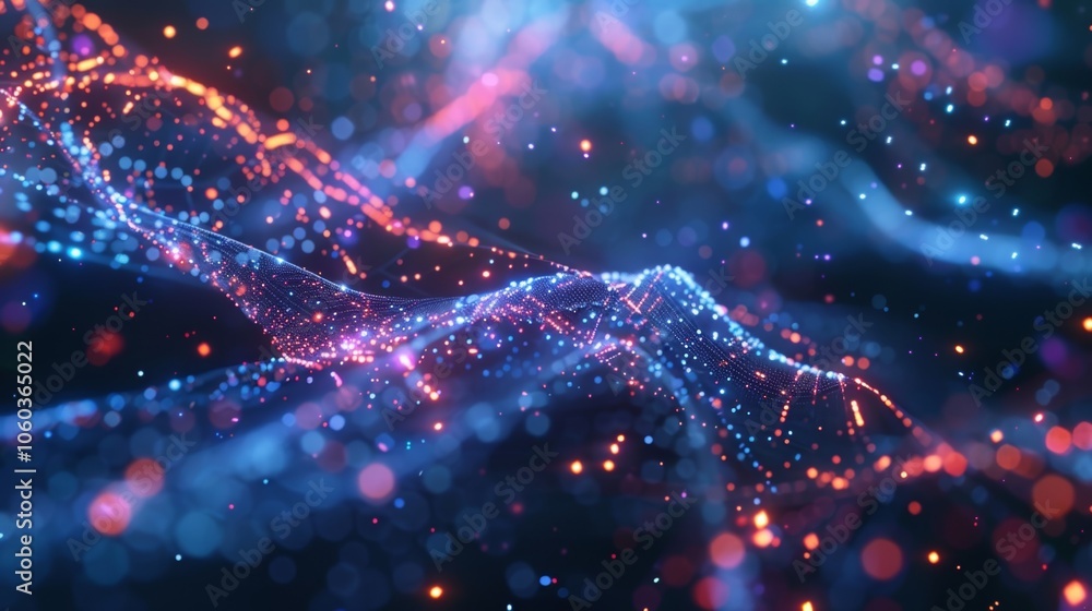 Poster complex network of interconnected nodes forming a dynamic, flowing landscape, representing abstract 