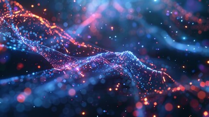 Obraz premium Complex network of interconnected nodes forming a dynamic, flowing landscape, representing abstract data flow, futuristic technology, and cyberspace