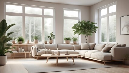 Naklejka premium Modern Minimalist Living Space with Large Windows, Natural Light, and Earthy Decor Creating an Inviting Ambiance (35)