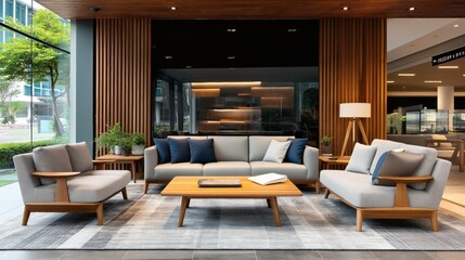 Modern interior lounge area with contemporary furniture and large glass windows offering a view of the outdoors, featuring a comfortable seating arrangement and decor elements.