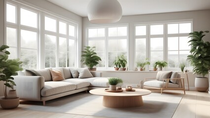 Fototapeta premium Modern Minimalist Living Space with Large Windows, Natural Light, and Earthy Decor Creating an Inviting Ambiance (42)